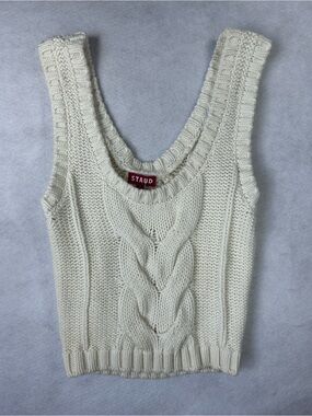 STAUD Cable Knitted Vest Ivory Cotton/Wool Blend Front Back Scoop Neck SZ Small